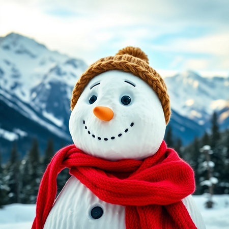 Snowman with red scarf and hat on the background of snowy mountainsの素材