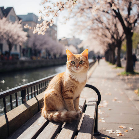 Cute ginger cat sitting on a bench in the middle of a blooming spring gardenの素材