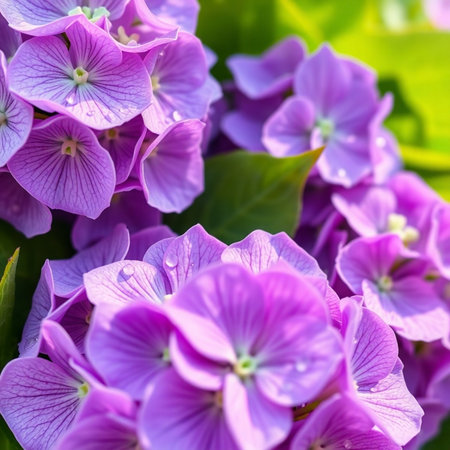 purple hydrangea flowers close-up with water dropsの素材