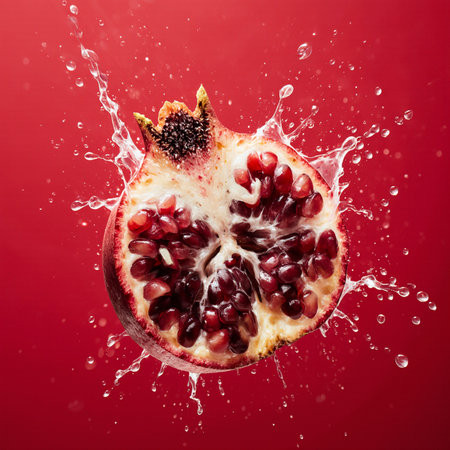 Pomegranate in water splashes on a red background.の素材