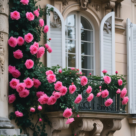 Pink roses blooming on the windowsill of a building in Pragueの素材