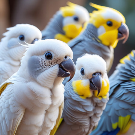 Close up of a group of white and yellow macaw parrotsの素材