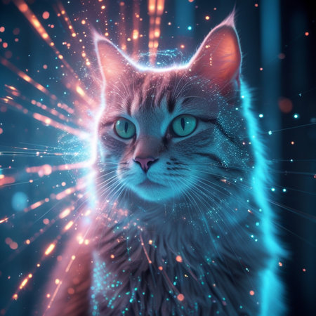 Fantasy portrait of a cat on a background of luminous lines.の素材
