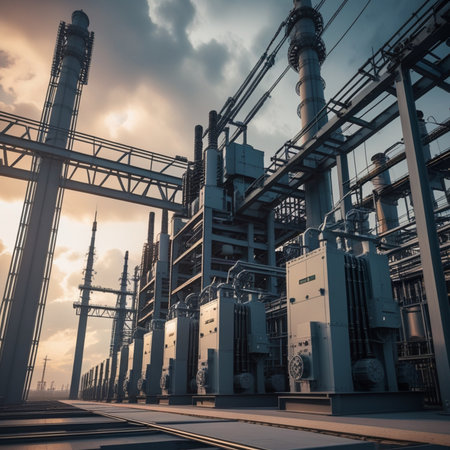 Industrial landscape of power plant with heavy industry equipment at sunset timeの素材