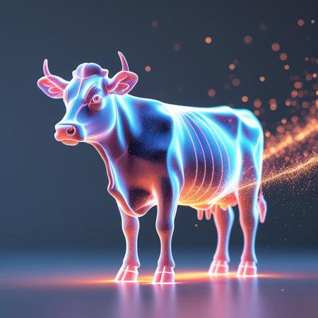 3d rendering of a blue cow on a dark background with particlesの素材