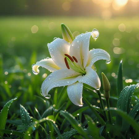 White lily flower with dew drops on green grass background.の素材