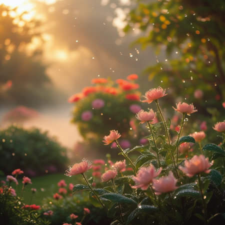 Beautiful flowers in the garden at sunset time. Nature background.の素材
