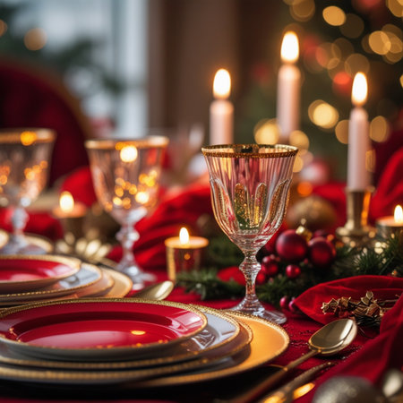 Christmas table setting with candles and cutlery. Selective focus.の素材
