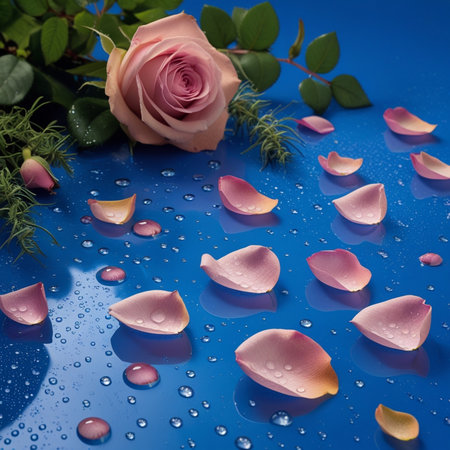 Rose petals and water drops on blue background with copy space.の素材