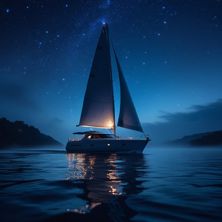 Sailing yacht in the sea at night with stars on the backgroundの素材
