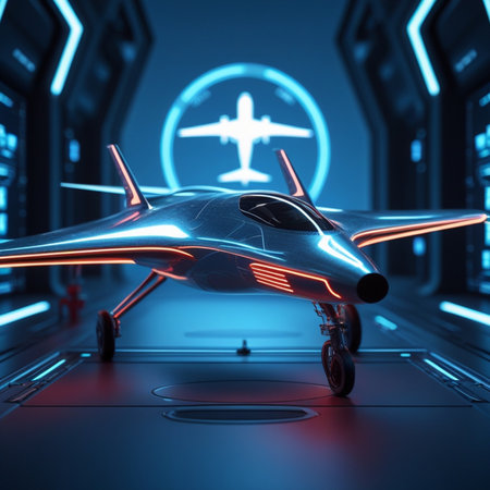 3d rendering of a futuristic spaceship in a dark space with HUDの素材