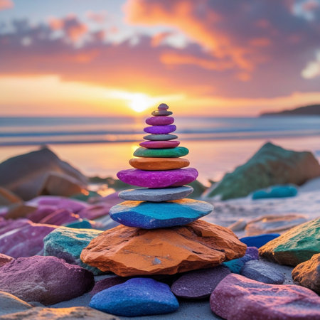 Pile of colorful zen stones on the beach at sunset.の素材