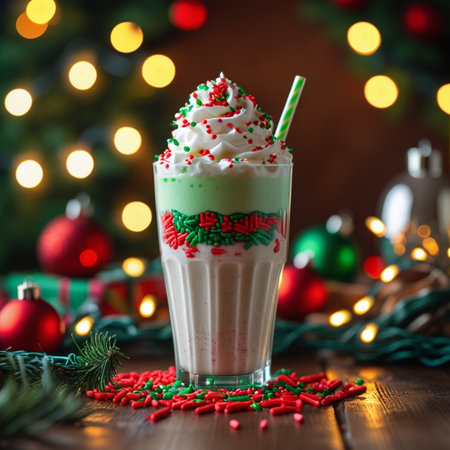 Christmas milkshake with whipped cream and Christmas tree branches on backgroundの素材