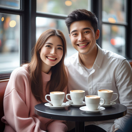 Young Asian couple drinking coffee in cafe. Happy asian man and woman smiling and looking at camera.の素材