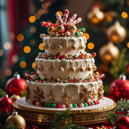 Beautiful Christmas cake with colorful candies and ornaments.の素材