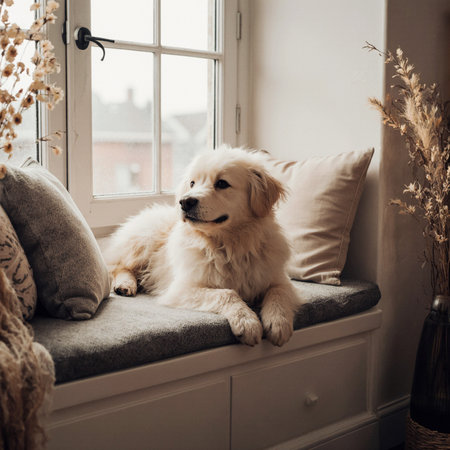 Cute golden retriever dog lying on the windowsill at homeの素材