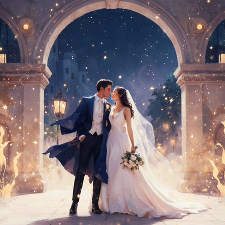 Bride and groom on the background of the old castle in the snowの素材