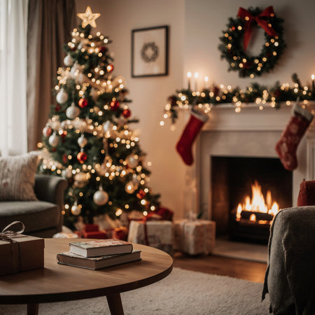 Cozy living room with fireplace and christmas tree. Cozy home.の素材