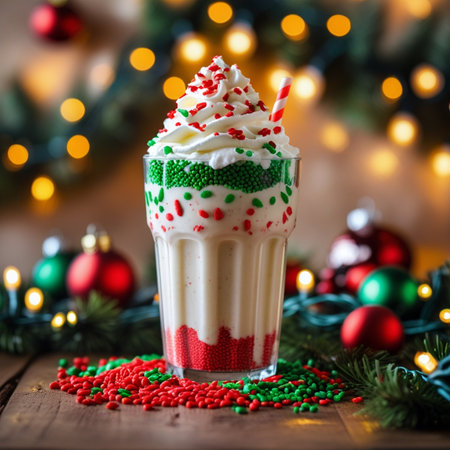 Christmas milkshake with whipped cream and red and green sprinklesの素材