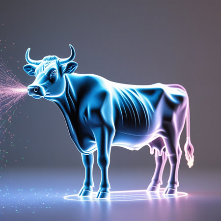 Digital illustration of a cow in neon light. 3D rendering.の素材
