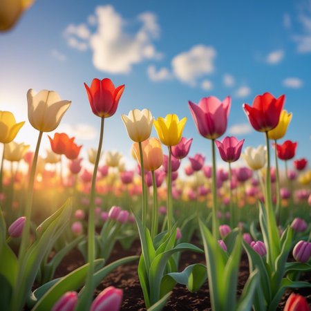 Colorful tulip flowers blooming in spring field. Nature backgroundの素材
