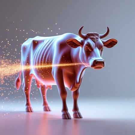 Digital illustration of a cow with lightning in the background. 3d renderingの素材