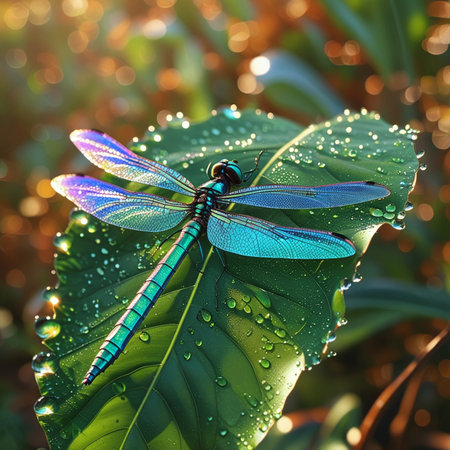 Blue dragonfly on a green leaf with dew drops in the morning.の素材