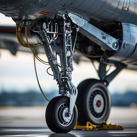Close-up of the landing gear of a large passenger aircraft.の素材