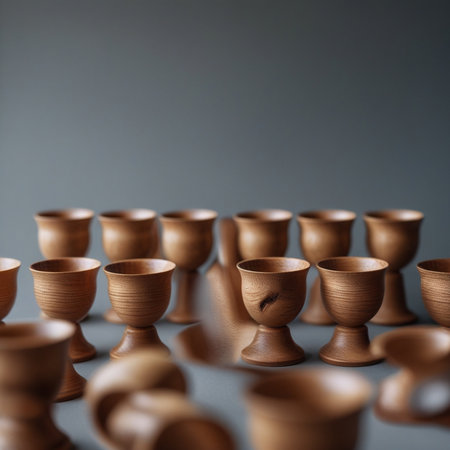 Wooden tea cups on a gray background. Close-up.の素材