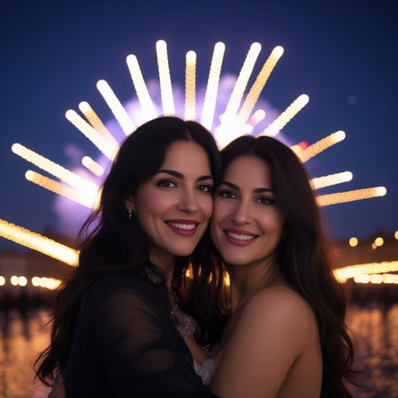 Portrait of two beautiful women in the night city with a fireworksの素材