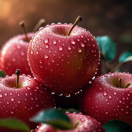 Fresh red apples with water drops on wooden background. Selective focus.の素材