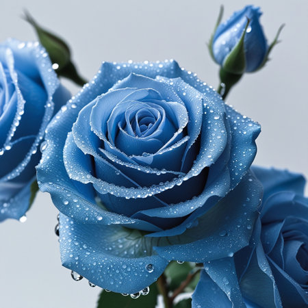 Beautiful blue rose with water drops on white background, closeupの素材