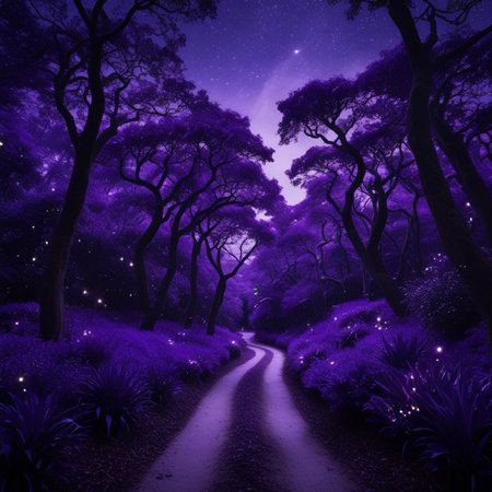 Mystical purple forest with a path leading to the starry skyの素材