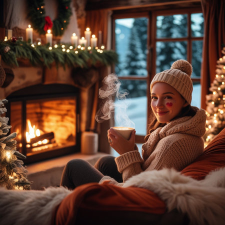 Beautiful young woman in warm sweater and hat with cup of hot drink near fireplace at home.の素材