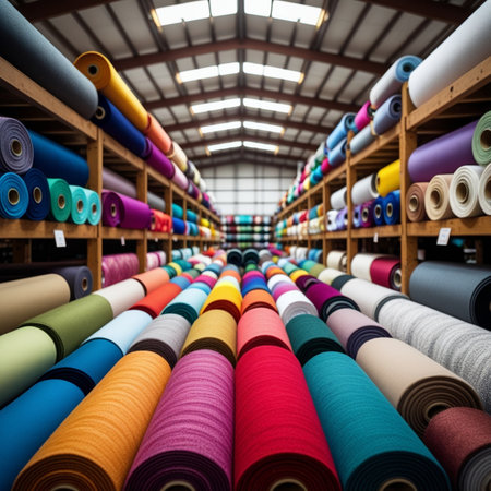 Rolls of colorful fabric in a textile factory. Selective focus.の素材