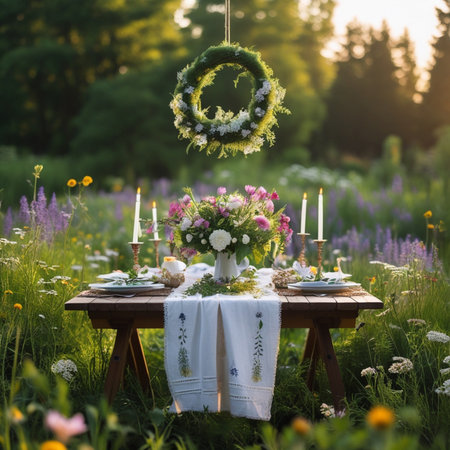 Wedding Table Decorated with Wreaths and Flowersの素材