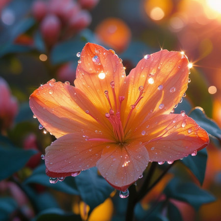 Beautiful orange lily with dew drops in the garden.の素材