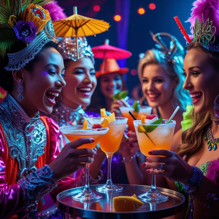 Group of young beautiful women dancing in the night club with cocktails.の素材