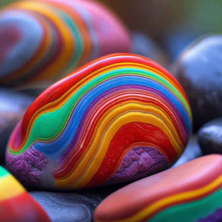 Colorful rainbow pebbles close-up macro photography. Abstract backgroundの素材