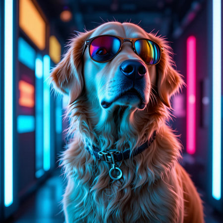 Golden Retriever dog with sunglasses in a dark room with neon lights.の素材