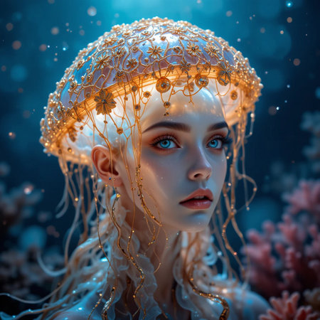 3d illustration of a fantasy mermaid with golden jewelry on her headの素材