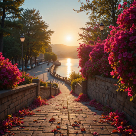 Bougainvillea flowers along the embankment at sunsetの素材
