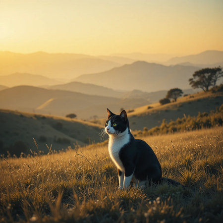 Beautiful cat sitting on the grass in the mountains at sunset.の素材
