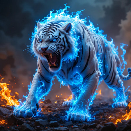 Aggressive white tiger with blue fire in the background. 3D renderingの素材
