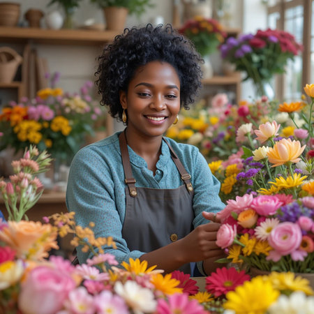 young african american female florist working in flower shopの素材