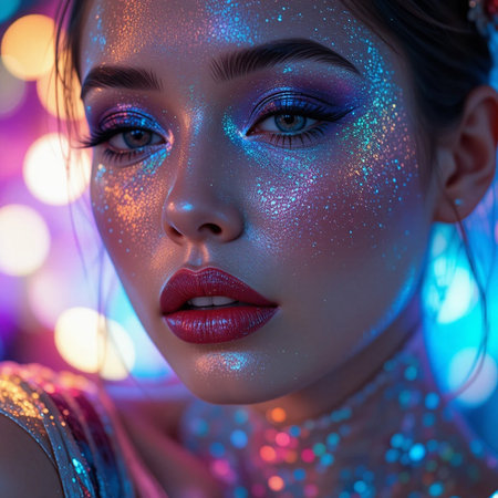 Close-up portrait of a beautiful young woman with bright makeup.の素材