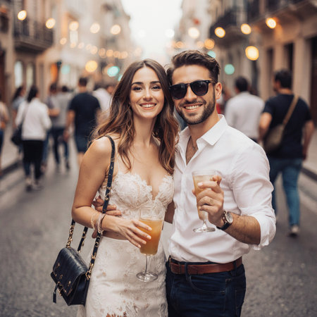 Beautiful couple in love celebrating their wedding day in the city.の素材