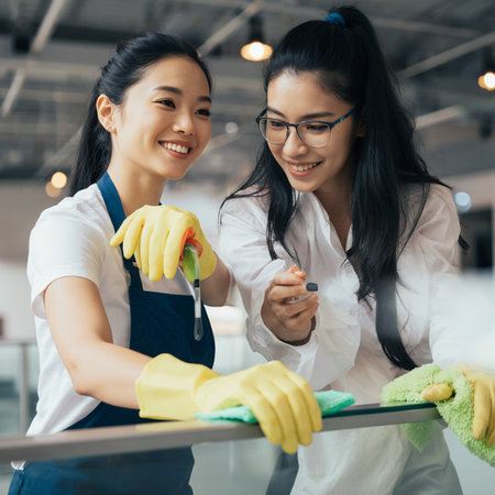 Two young Asian women in apron and rubber gloves cleaning mirror in officeの素材