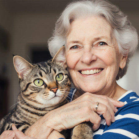 Portrait of a smiling senior woman with her cat at home.の素材