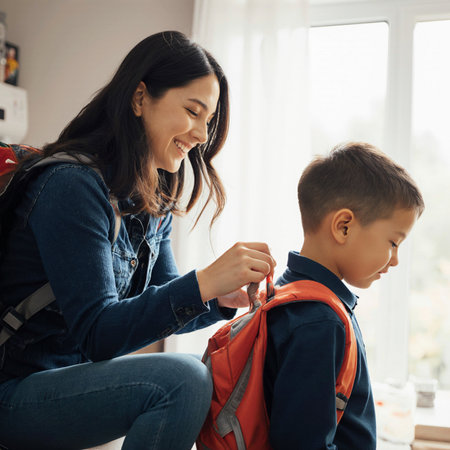 Happy mother and son with backpacks in the room at home.の素材